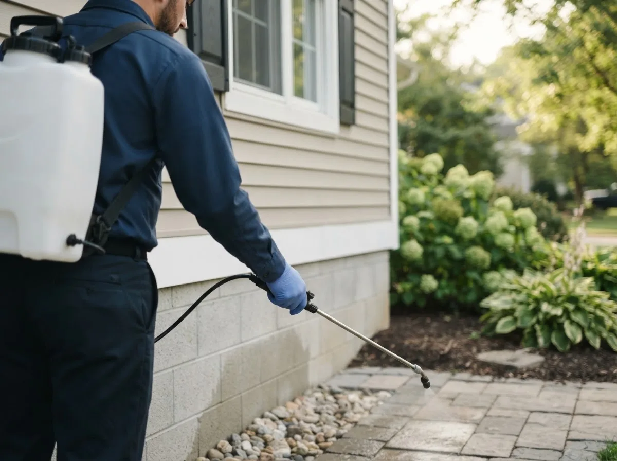 Pest control technician inspecting a home in Malone, WI
